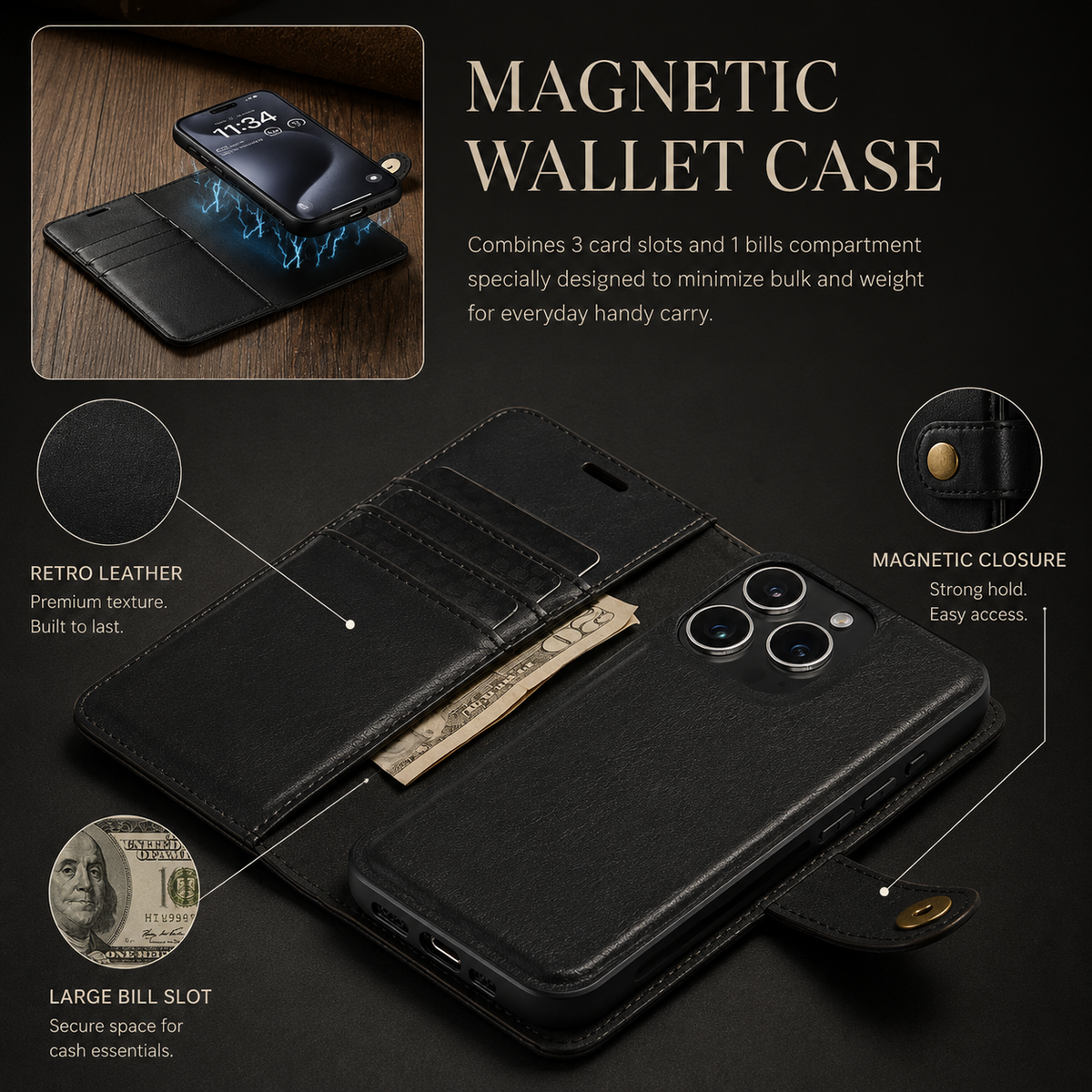 Premium iPhone Case MagSafe Compatible Detachable Leather Wallet Cover Magnetic Card Holder Shockproof Protective Camera Lens Protection Slim Design