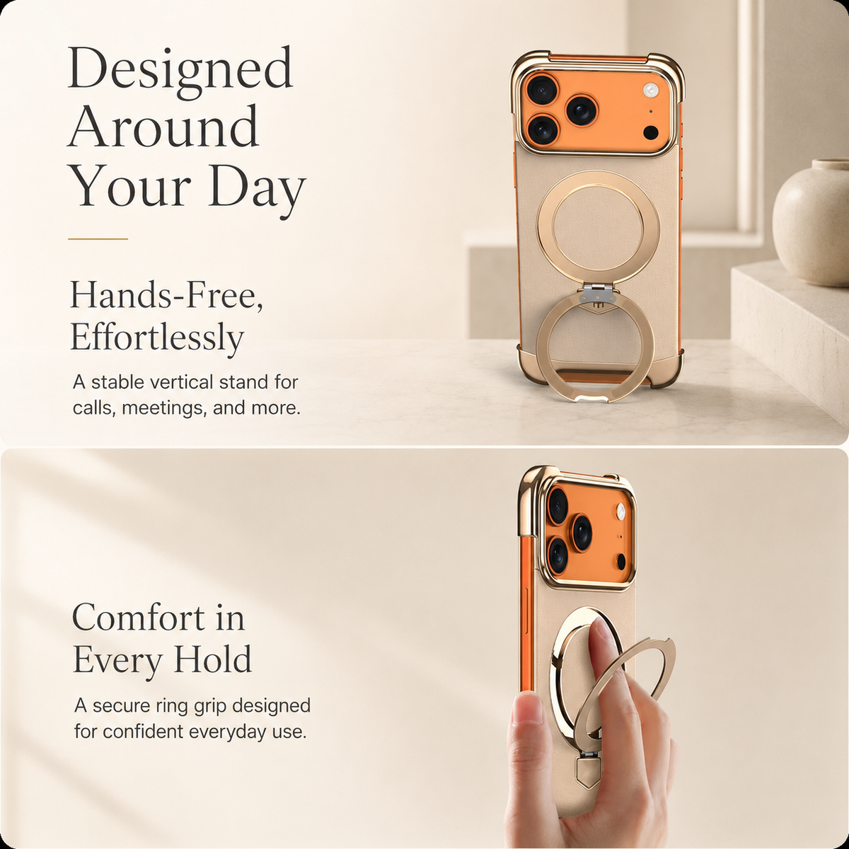 Premium iPhone Case MagSafe Compatible Frameless Magnetic Leather Back Metal Bumper Stand Shockproof Camera Lens Guard Ultra Thin Design