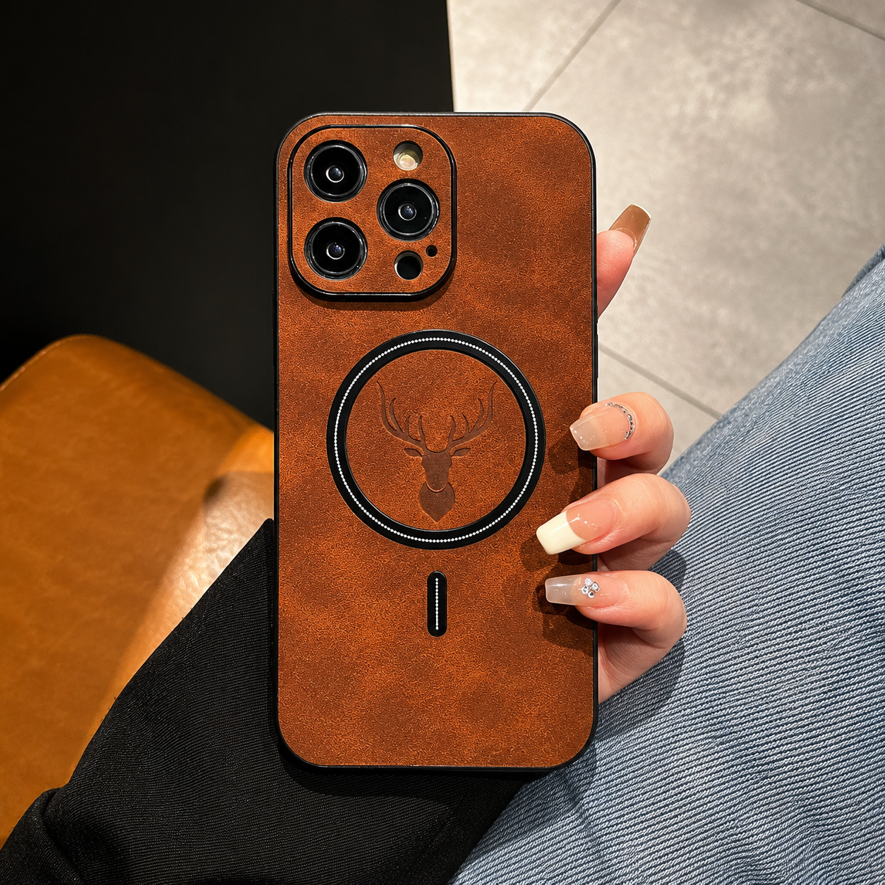 Premium iPhone Case MagSafe Compatible Genuine Deer Leather Cover Bumper Frame Magnetic Shockproof Protective Camera Lens Guard Slim Design