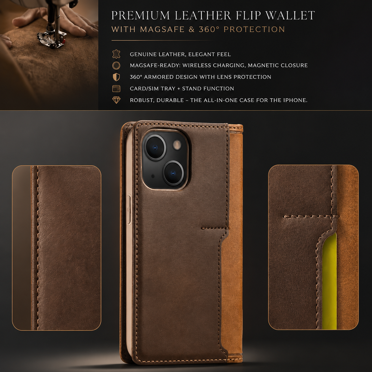 Premium iPhone Case MagSafe Compatible Genuine Leather Flip Wallet Cover Card Holder Magnetic Closure Shockproof Camera Lens Protection Slim Design