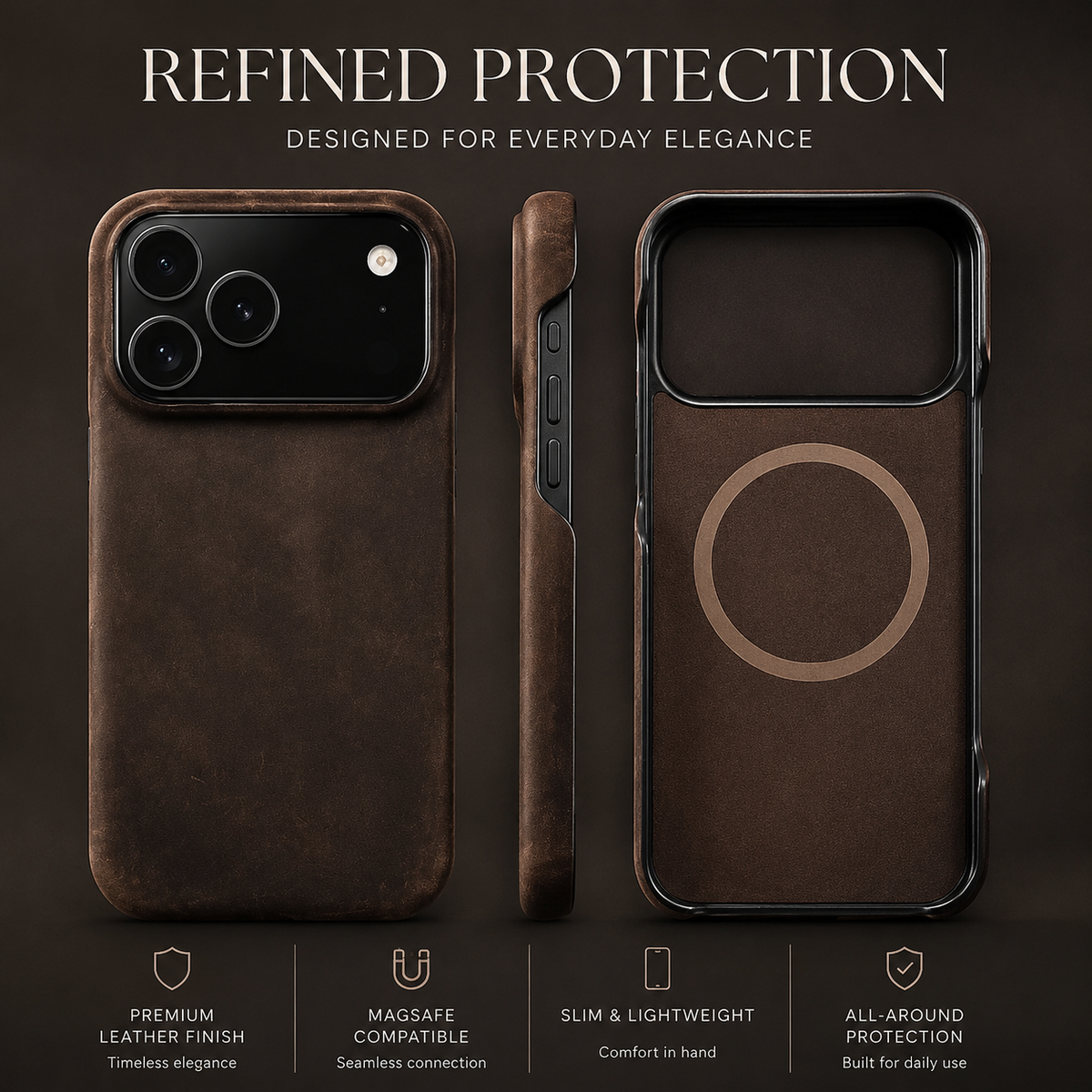 Premium iPhone Case MagSafe Compatible Genuine Leather Magnetic Cover Cowhide Texture Shockproof Protective Cover Anti Scratch Full Back Slim