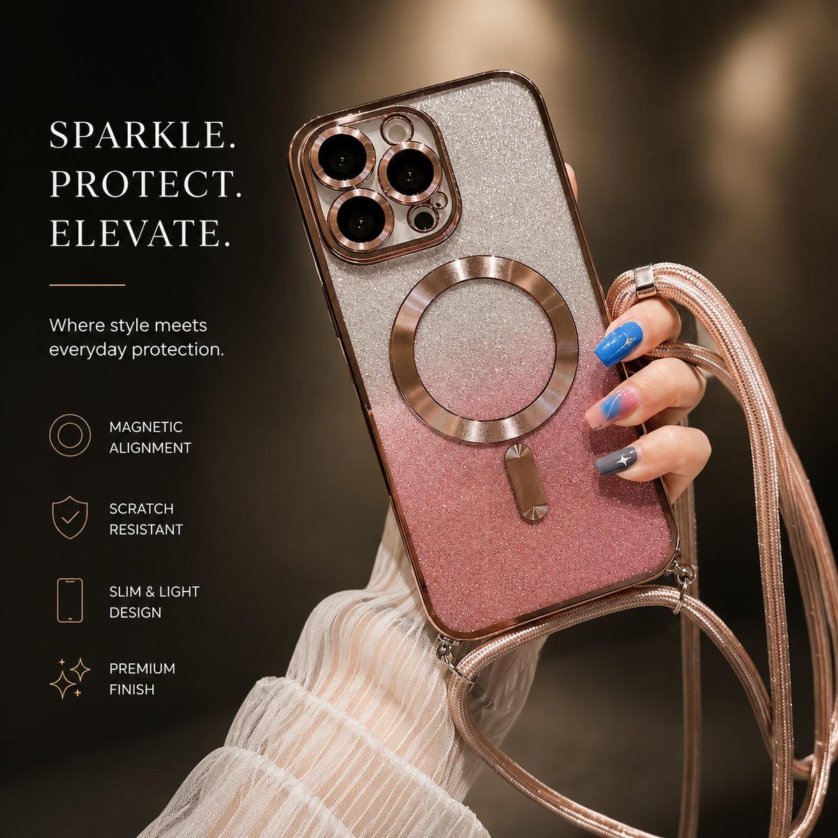 Premium iPhone Case MagSafe Compatible Gradient Glitter Crossbody Strap Magnetic Cover TPU Shockproof Protective Camera Lens Guard Slim Design