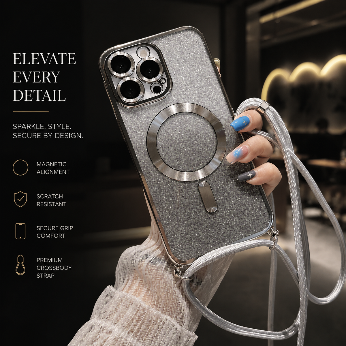 Premium iPhone Case MagSafe Compatible Gradient Glitter Crossbody Strap Magnetic Cover TPU Shockproof Protective Camera Lens Guard Slim Design