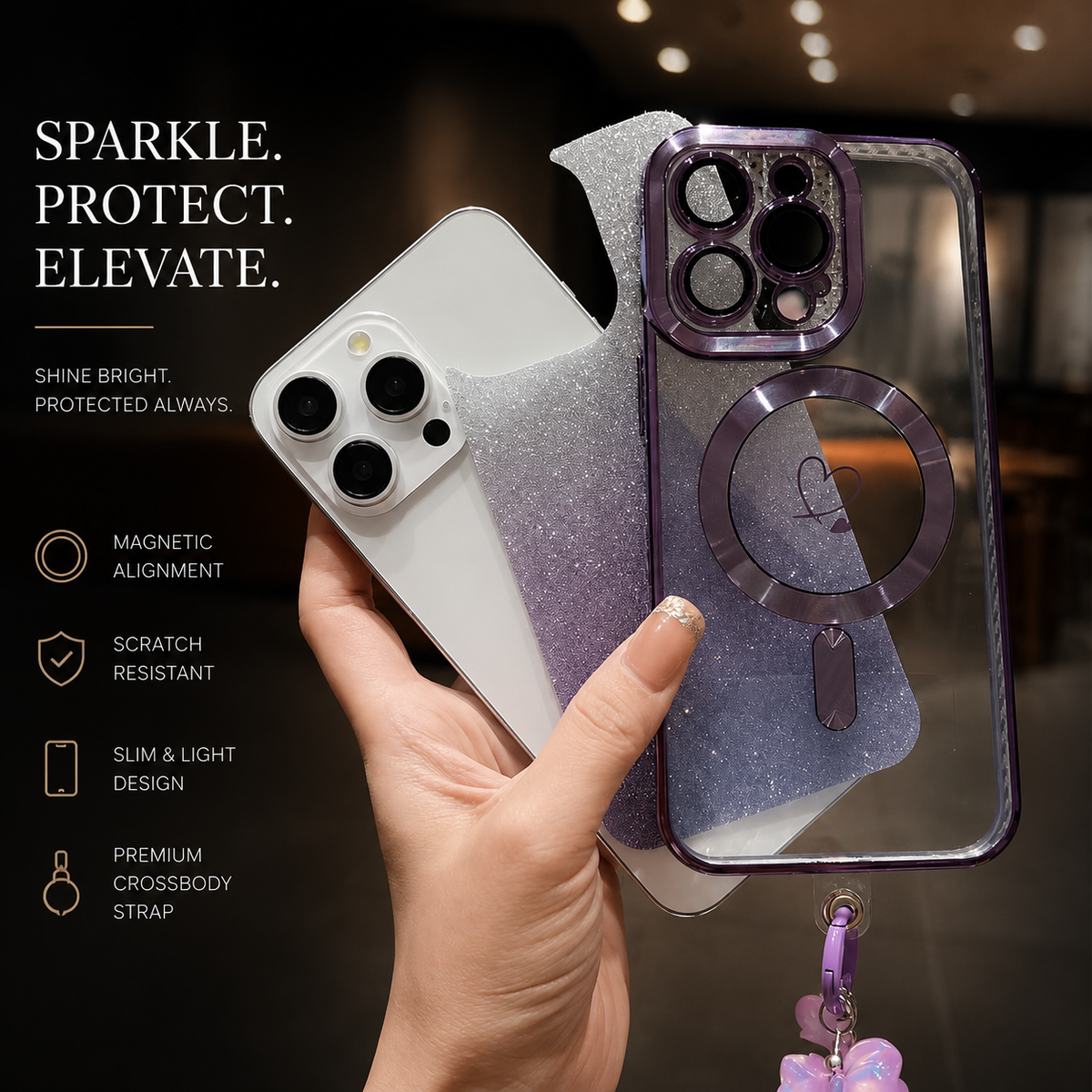 Premium iPhone Case MagSafe Compatible Gradient Glitter Crossbody Strap Magnetic Cover TPU Shockproof Protective Camera Lens Guard Slim Design
