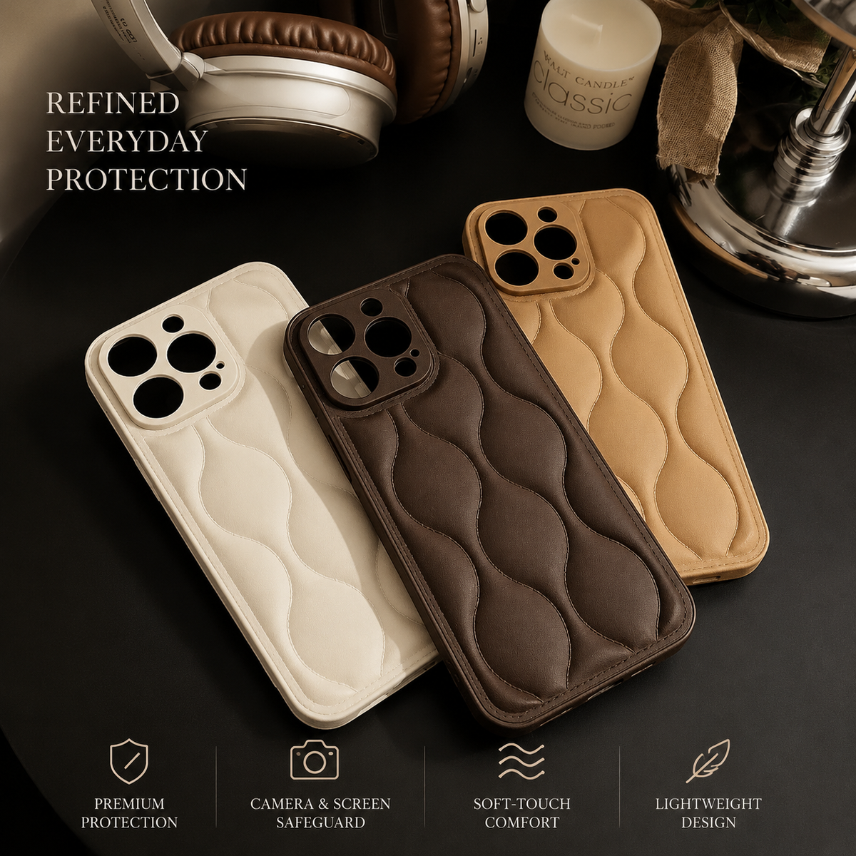 Premium iPhone Case MagSafe Compatible Leather 3D Wave Texture Silicone Bumper Shockproof Protective Cover Camera Lens Protection Slim Design