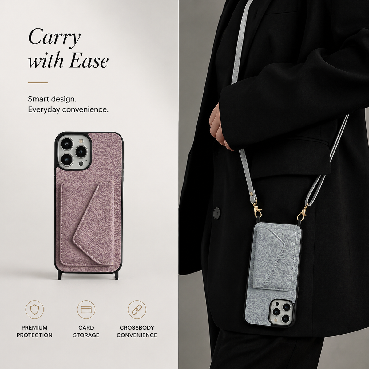 Premium iPhone Case MagSafe Compatible Leather Crossbody Wallet Cover Card Holder Strap Magnetic Shockproof Protective Camera Lens Guard Slim Design