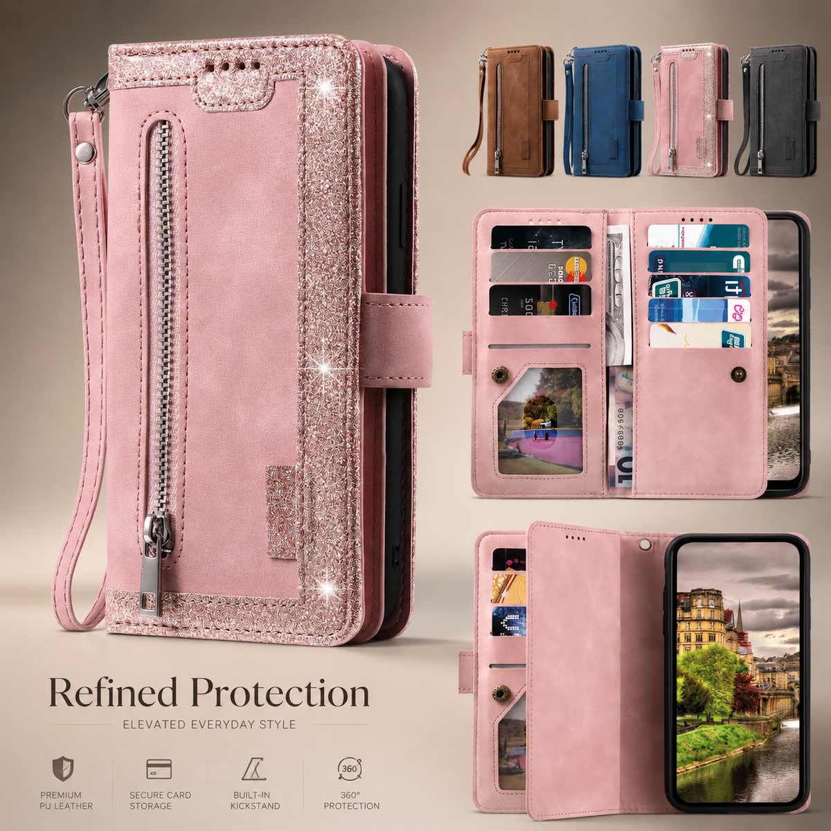 Premium iPhone Case MagSafe Compatible Leather Flip Wallet Cover Zipper Card Holder Strap Stand Magnetic Shockproof Camera Lens Protection Slim Design