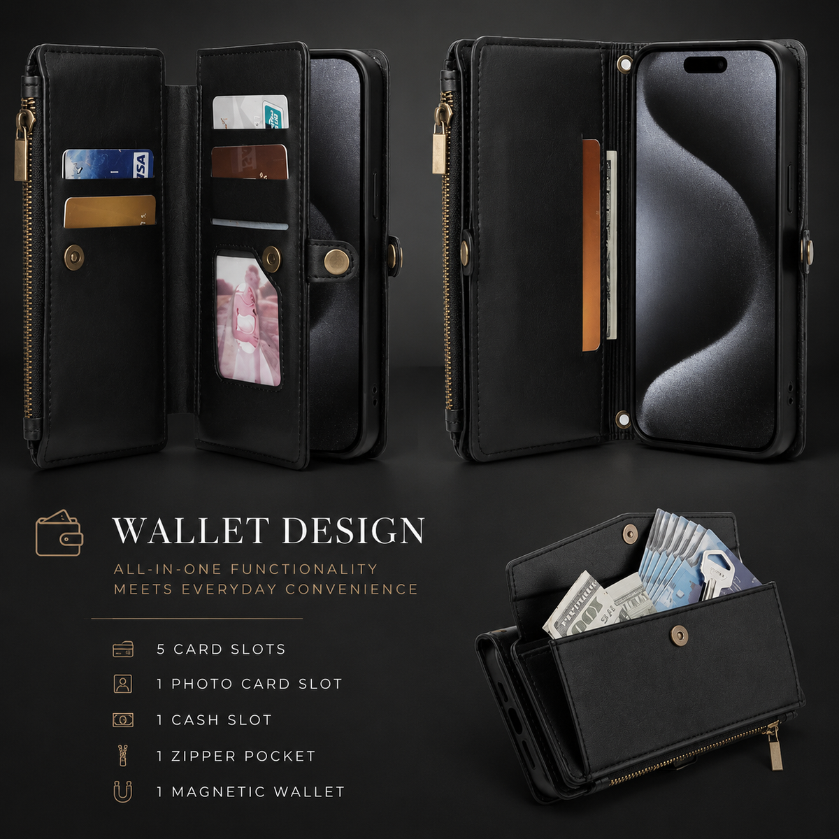 Premium iPhone Case MagSafe Compatible Leather Wallet Cover Card Holder Magnetic Closure Shockproof Protective Camera Lens Guard Slim Design