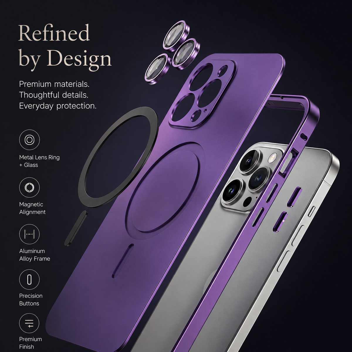 Premium iPhone Case MagSafe Compatible Magnetic Aluminum Frame Protective Cover PC Hard Back Shockproof Matte Anti Fingerprint Slim Full Coverage Design