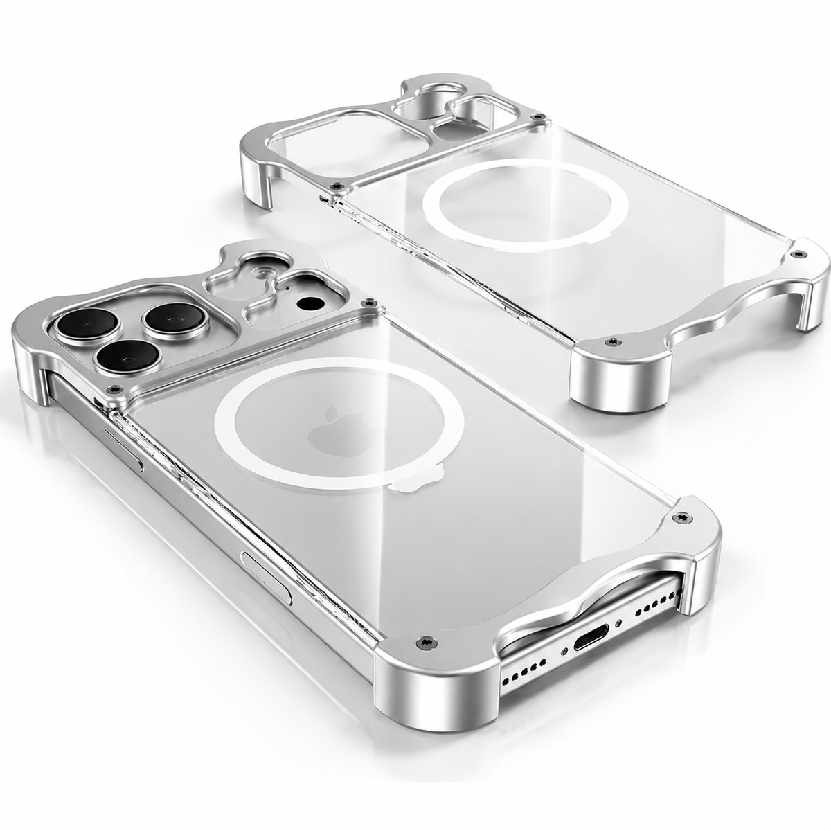 Premium iPhone Case MagSafe Compatible Magnetic Bumper Aluminum Corner Protection Transparent Back Shockproof Camera Lens Guard Slim Frameless Protective Cover