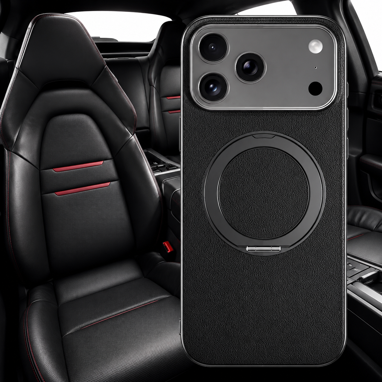Premium iPhone Case MagSafe Compatible Magnetic Leather Cover Cowhide Ring Holder 360 Rotating Stand Shockproof Camera Protection PC TPU Full Coverage