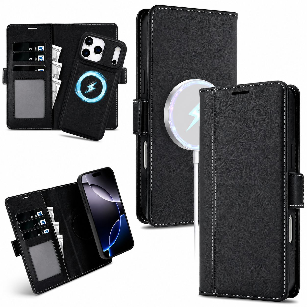 Premium iPhone Case MagSafe Compatible Magnetic Leather Wallet Cover Flip Card Holder Dual Layer Shockproof Matte Anti Fingerprint Protective Full Coverage