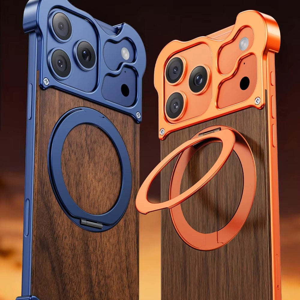 Premium iPhone Case MagSafe Compatible Magnetic Protective Cover Wood Back Aluminum Frame Rotating Ring Stand Shockproof Camera Lens Protection Slim Design