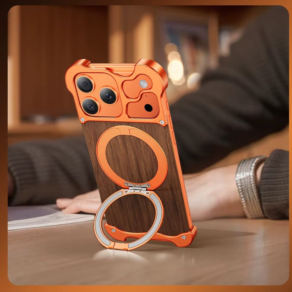 Premium iPhone Case MagSafe Compatible Magnetic Protective Cover Wood Back Aluminum Frame Rotating Ring Stand Shockproof Camera Lens Protection Slim Design