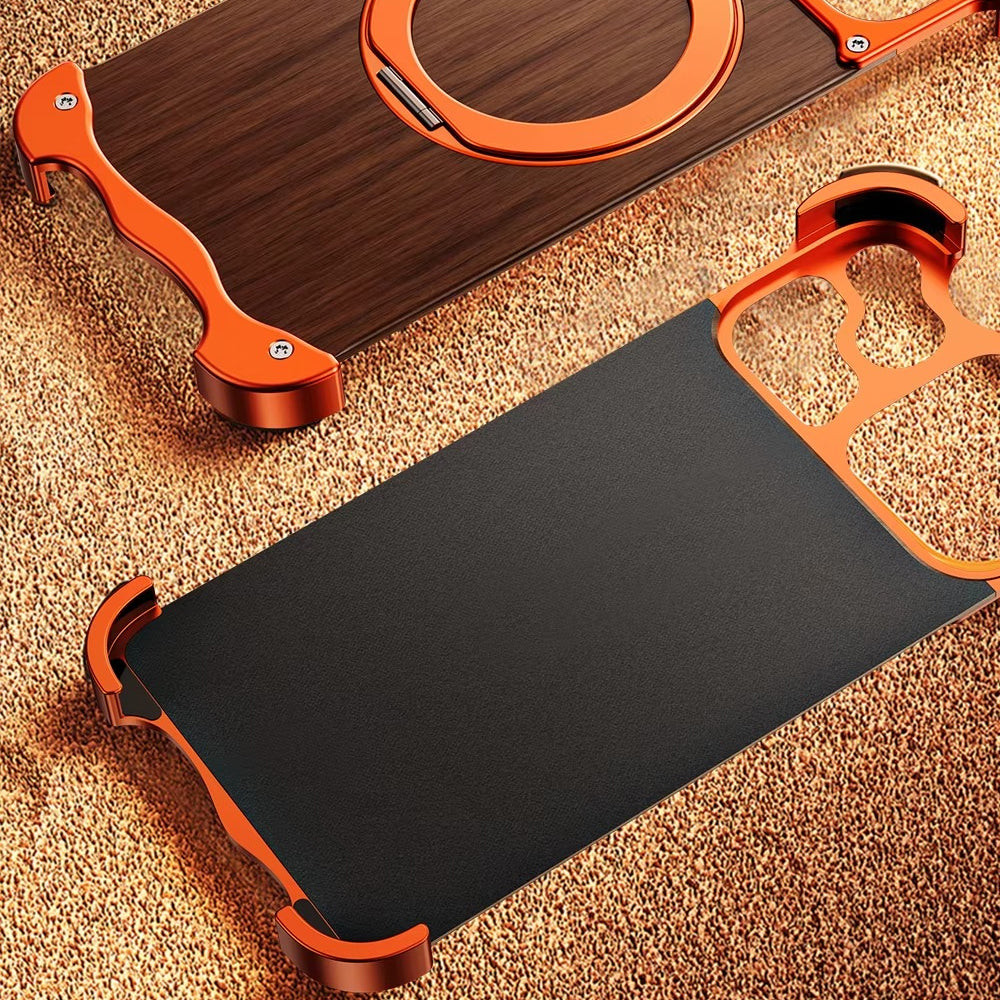 Premium iPhone Case MagSafe Compatible Magnetic Protective Cover Wood Back Aluminum Frame Rotating Ring Stand Shockproof Camera Lens Protection Slim Design
