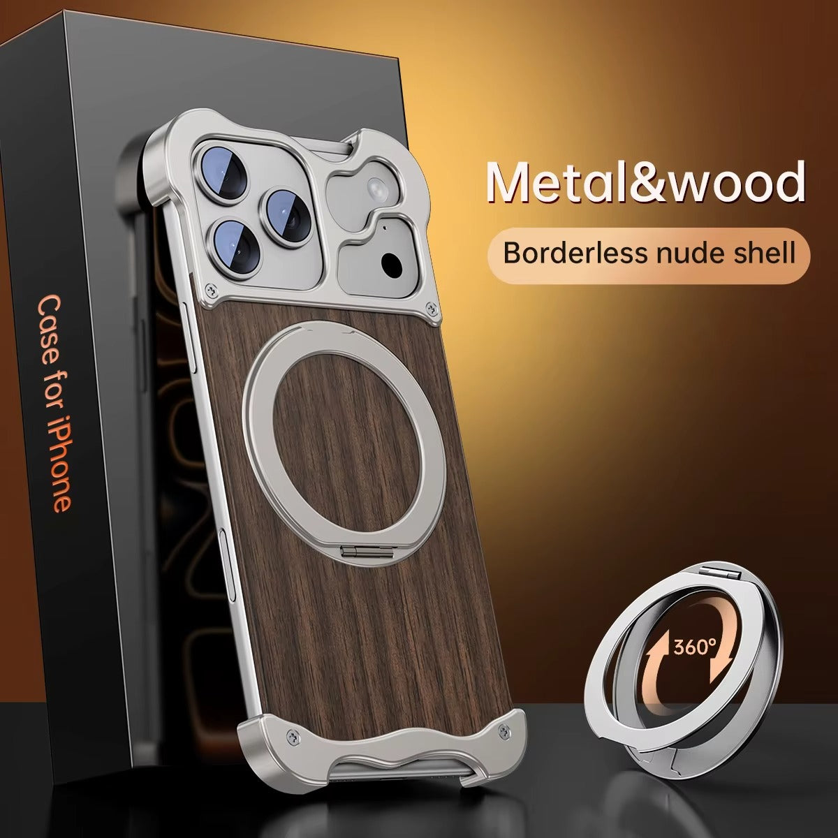 Premium iPhone Case MagSafe Compatible Magnetic Protective Cover Wood Back Aluminum Frame Rotating Ring Stand Shockproof Camera Lens Protection Slim Design