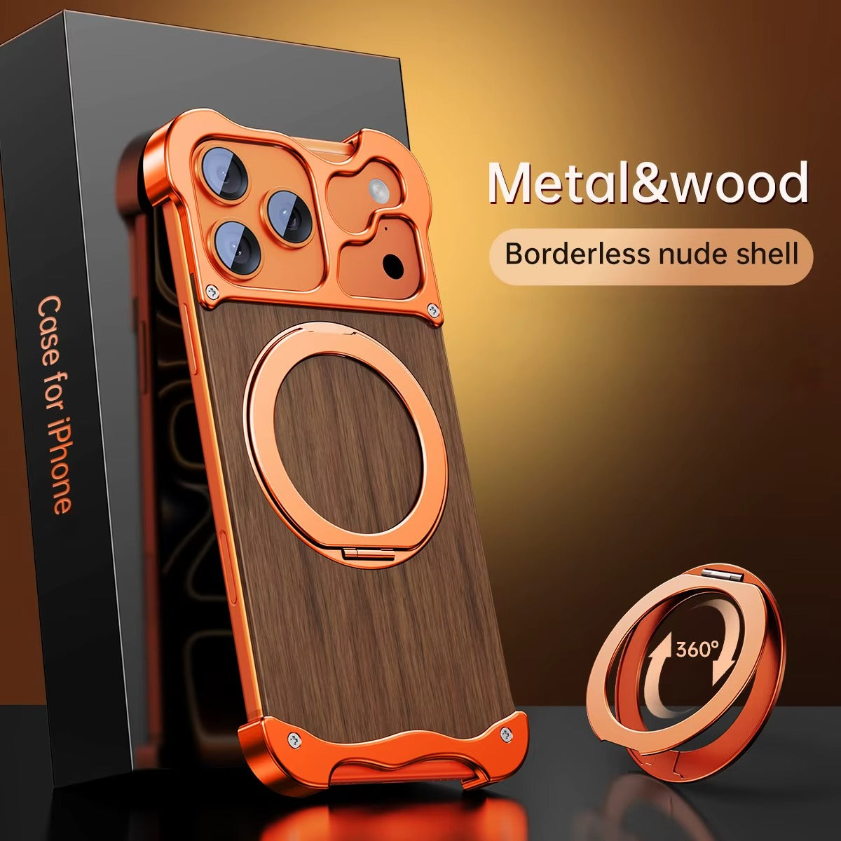 Premium iPhone Case MagSafe Compatible Magnetic Protective Cover Wood Back Aluminum Frame Rotating Ring Stand Shockproof Camera Lens Protection Slim Design