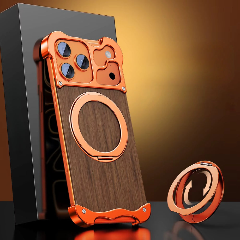 Premium iPhone Case MagSafe Compatible Magnetic Protective Cover Wood Back Aluminum Frame Rotating Ring Stand Shockproof Camera Lens Protection Slim Design