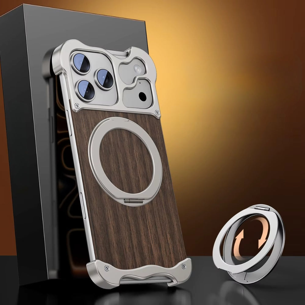 Premium iPhone Case MagSafe Compatible Magnetic Protective Cover Wood Back Aluminum Frame Rotating Ring Stand Shockproof Camera Lens Protection Slim Design