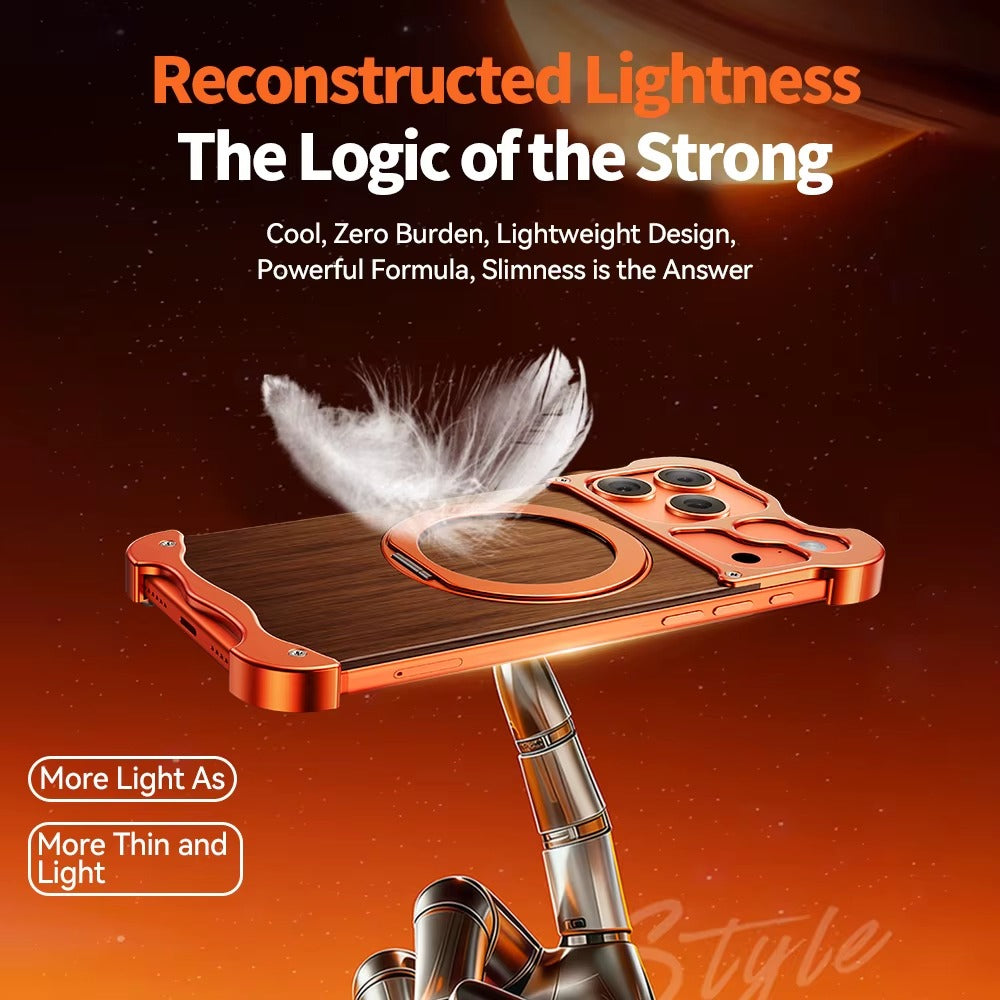 Premium iPhone Case MagSafe Compatible Magnetic Protective Cover Wood Back Aluminum Frame Rotating Ring Stand Shockproof Camera Lens Protection Slim Design