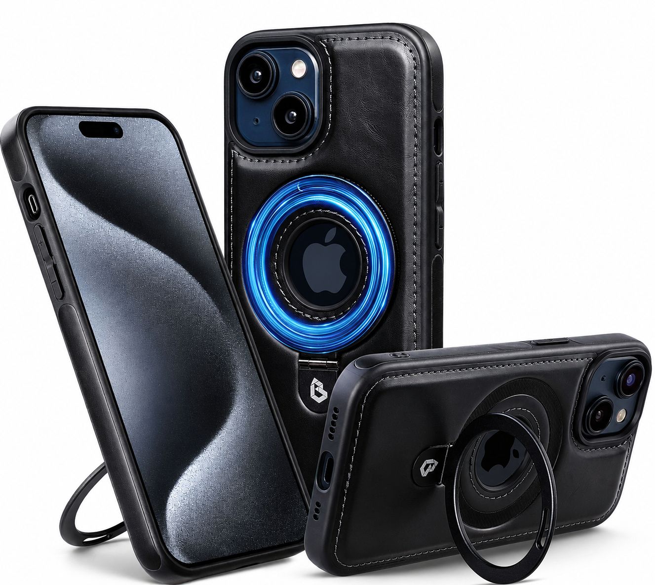 Premium iPhone Case MagSafe Compatible PU Leather Ring Stand Magnetic Cover 360 Rotating Kickstand Shockproof Camera Lens Protection Slim Design