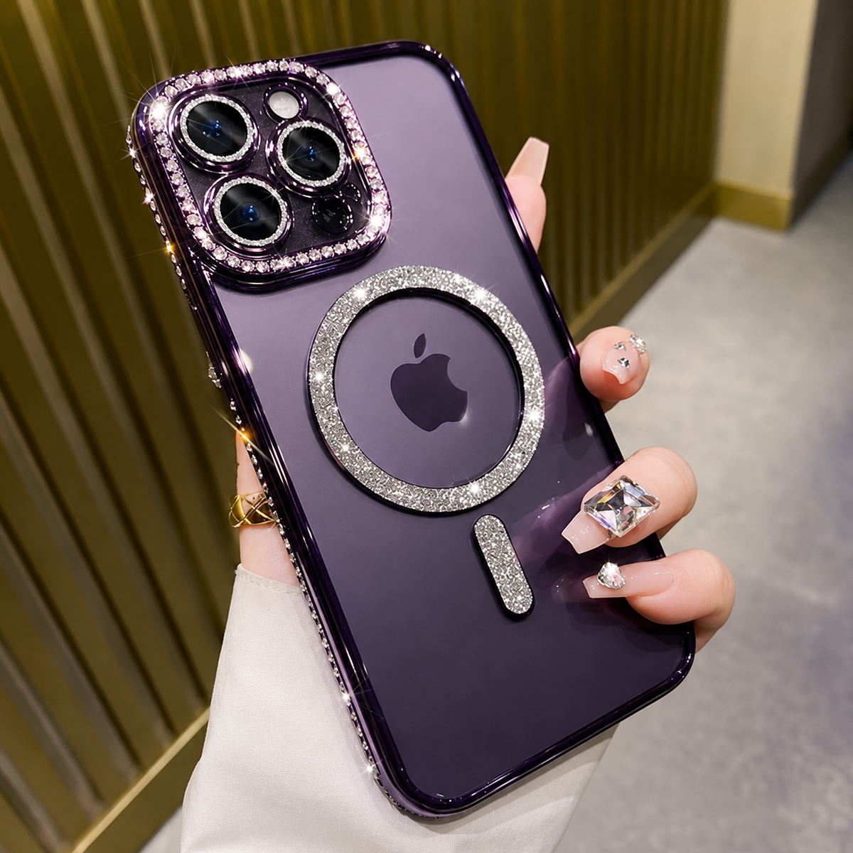 Premium iPhone Case MagSafe Compatible Pink Glitter Clear Magnetic Cover Diamond Texture Shockproof Protective Camera Lens Guard Slim Design