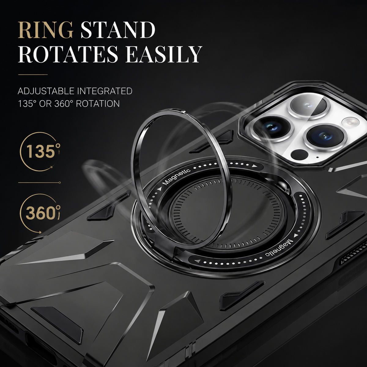 Premium iPhone Case MagSafe Compatible Rugged Armor Cover Hard PC Ring Stand Magnetic Shockproof Protective 360 Rotating Kickstand Camera Lens Guard