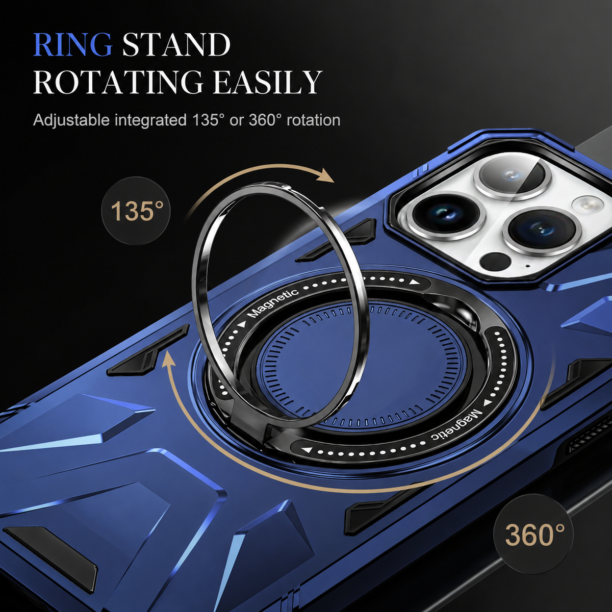 Premium iPhone Case MagSafe Compatible Rugged Armor Cover Hard PC Ring Stand Magnetic Shockproof Protective 360 Rotating Kickstand Camera Lens Guard