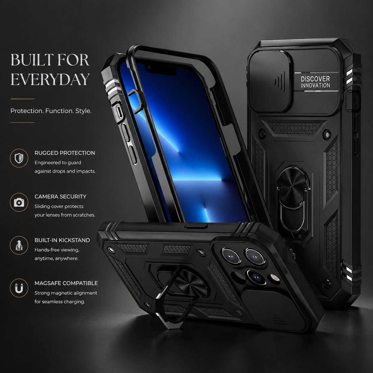 Premium iPhone Case MagSafe Compatible Rugged Armor Cover Kickstand Card Holder Magnetic Shockproof Heavy Duty Protective Camera Guard 360 Design