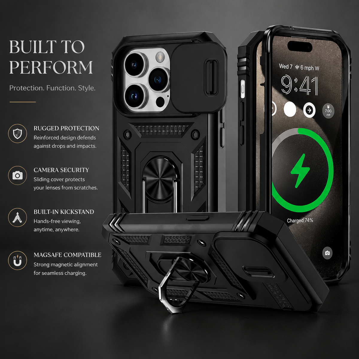 Premium iPhone Case MagSafe Compatible Rugged Armor Cover Kickstand Card Holder Magnetic Shockproof Heavy Duty Protective Camera Guard 360 Design