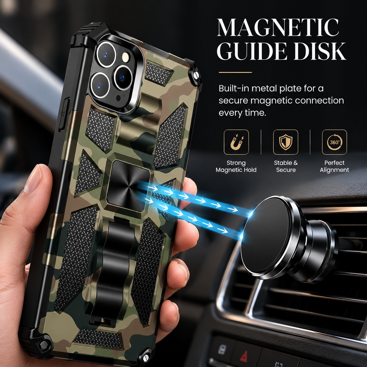 Premium iPhone Case MagSafe Compatible Rugged Camouflage Armor Cover Kickstand Magnetic Shockproof Heavy Duty Camera Lens Guard Full Coverage Design