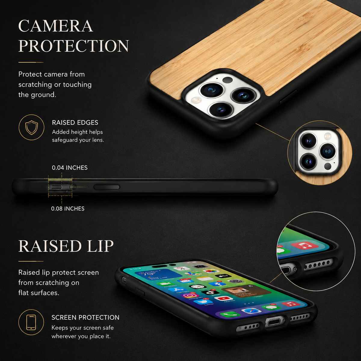 Premium iPhone Case MagSafe Compatible Solid Bamboo Wood Hard Back Cover Shockproof Protective Slim Camera Lens Protection Natural Grain Design