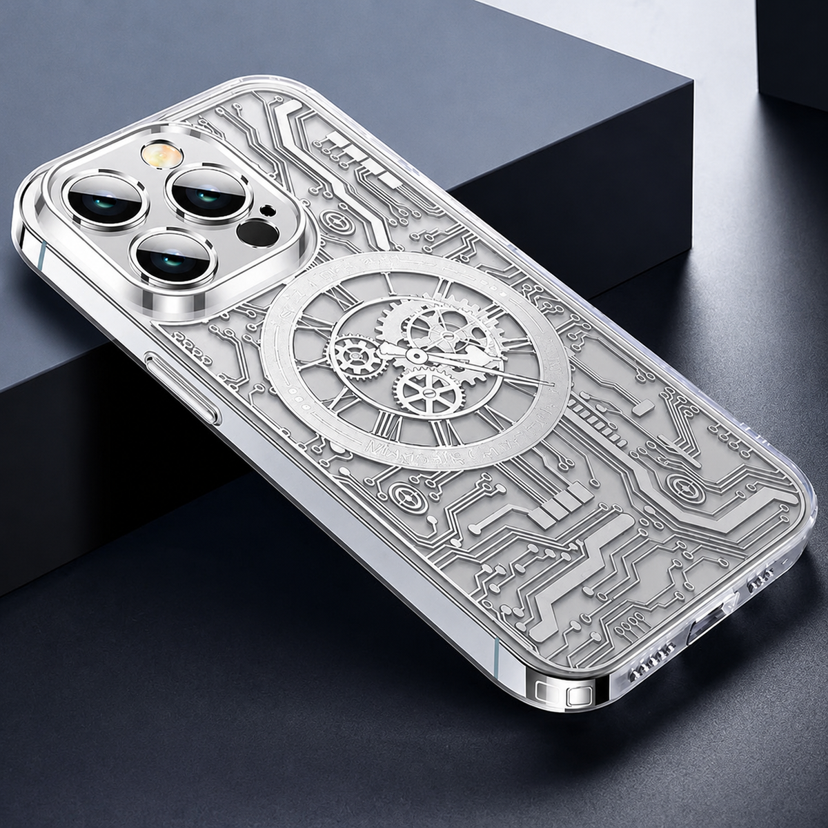 Premium iPhone Case MagSafe Compatible Transparent Clear Back Mechanical Texture Shockproof Bumper Frame Camera Lens Protection Slim Design