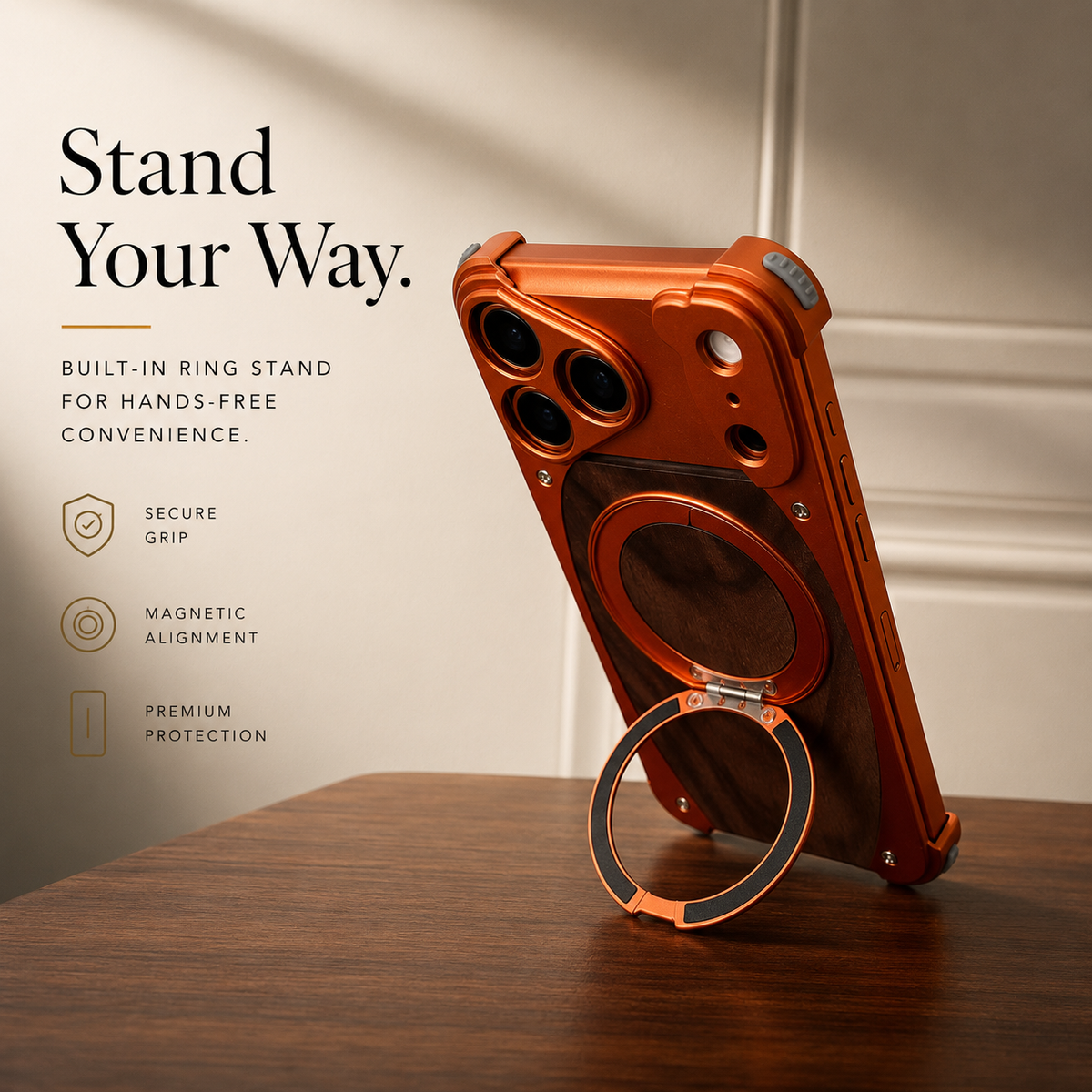 Premium iPhone Case MagSafe Compatible Walnut Wood Metal Frame Magnetic Rotating Ring Stand Shockproof Protective Cover Luxury Half Wrapped Design
