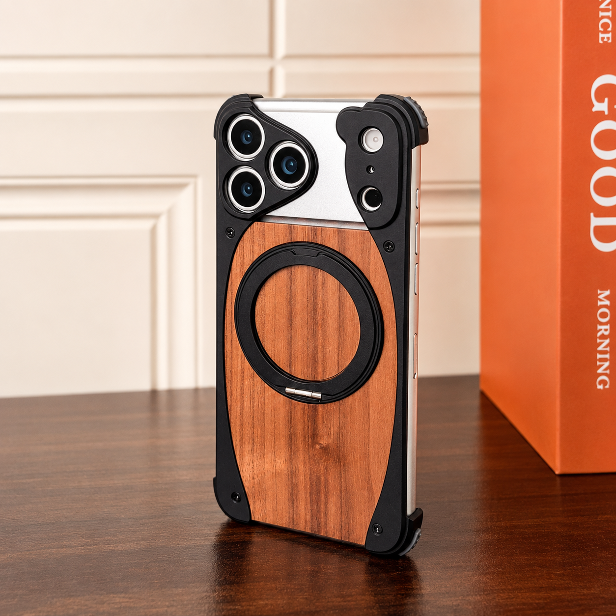 Premium iPhone Case MagSafe Compatible Walnut Wood Metal Frame Magnetic Rotating Ring Stand Shockproof Protective Cover Luxury Half Wrapped Design