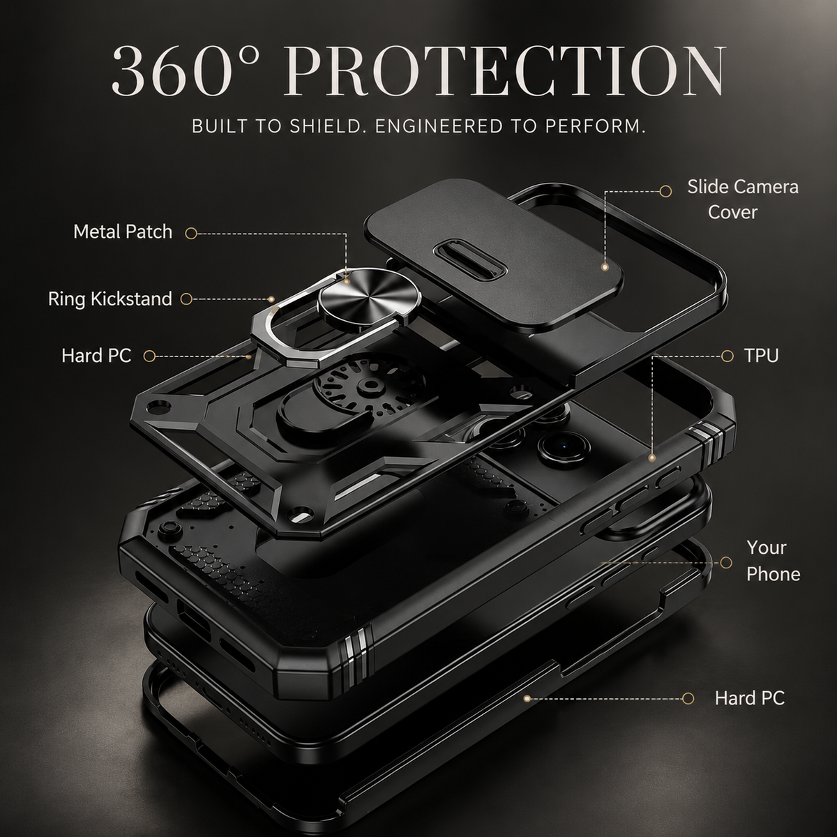 Premium iPhone Case Magnetic 360 Degree Rotating Military Grade Armor Camera Slide Cover Shockproof Silicone Hybrid Full Body Protective Design