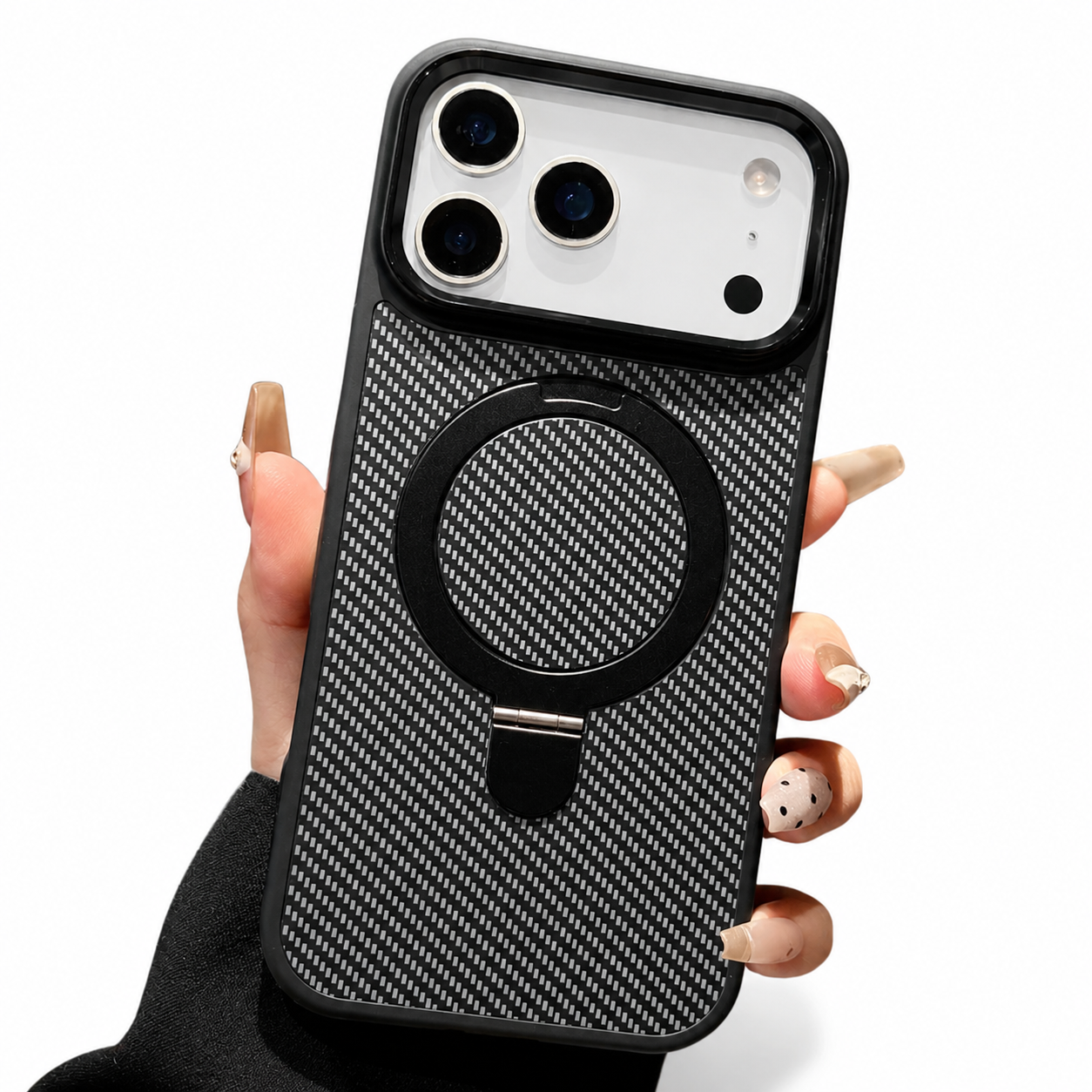 Premium iPhone Case Magnetic Carbon Fiber Texture Cover Stand Holder Shockproof Anti Fingerprint Slim PC Camera Protection Half Wrapped Design
