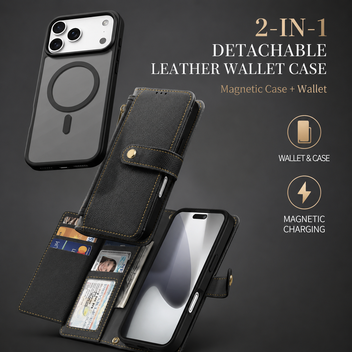 Premium iPhone Case Magnetic Detachable Wallet Cover Cow Leather Card Holder Shockproof Wireless Charging Support Anti Scratch Slim Protective Design