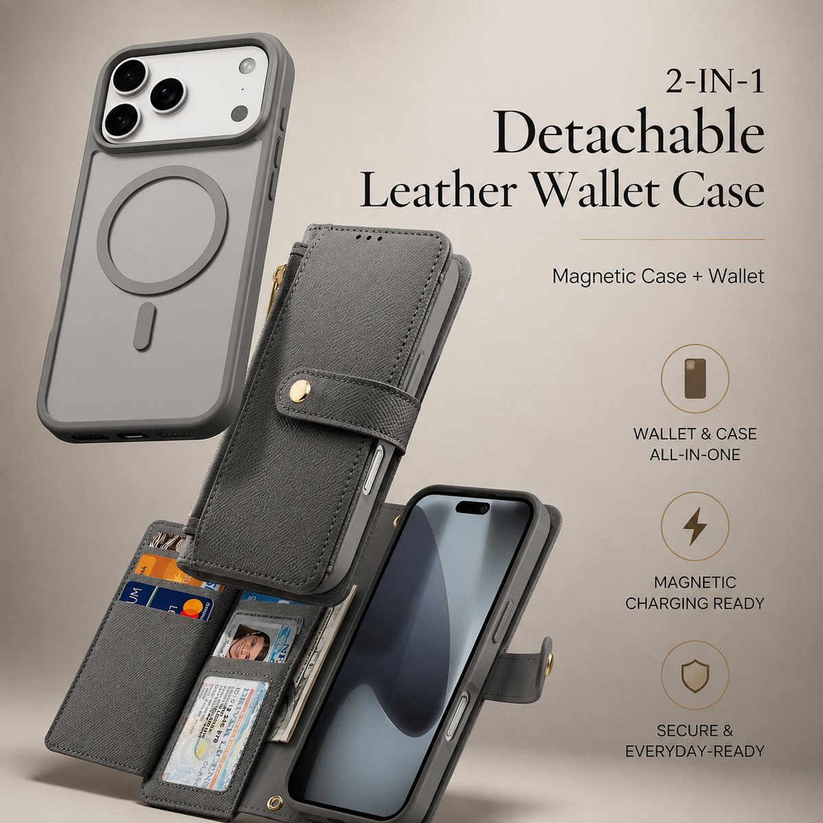 Premium iPhone Case Magnetic Detachable Wallet Cover Cow Leather Card Holder Shockproof Wireless Charging Support Anti Scratch Slim Protective Design