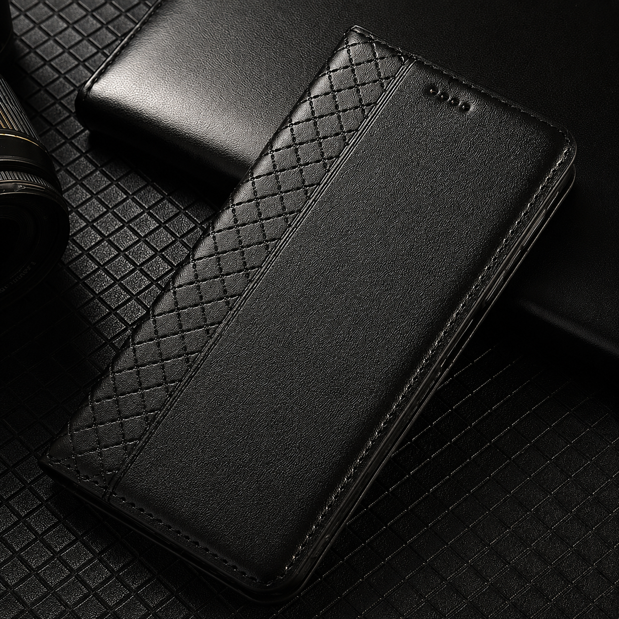 Premium iPhone Case Magnetic Flip Wallet Cover Cowhide Leather Grid Pattern Kickstand TPU Bumper Full Coverage Shockproof Slim Protective Design