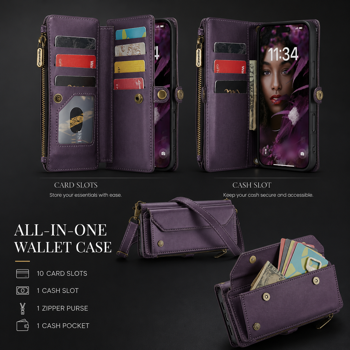 Premium iPhone Case Magnetic Flip Wallet PU Leather Cover RFID Blocking Card Holder Crossbody Strap Shockproof Full Coverage Slim Protective Design