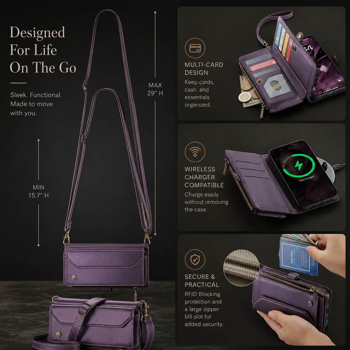 Premium iPhone Case Magnetic Flip Wallet PU Leather Cover RFID Blocking Card Holder Crossbody Strap Shockproof Full Coverage Slim Protective Design
