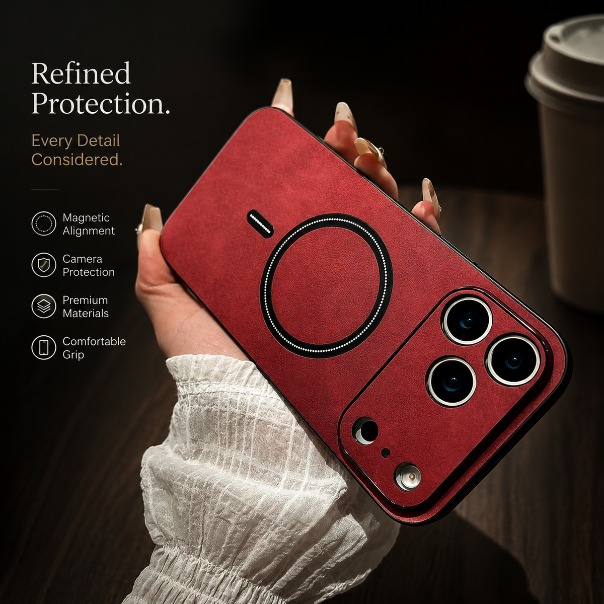 Premium iPhone Case Magnetic Leather Finish MagSafe Compatible Wireless Charging Shockproof PC TPU Slim Full Coverage Anti Scratch Protective Design