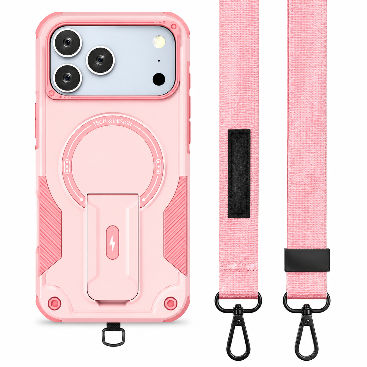 Premium iPhone Case Magnetic Rugged Shockproof Dual Layer PC TPU Cover Kickstand Lanyard Strap Heavy Duty Anti Slip Protective Full Coverage