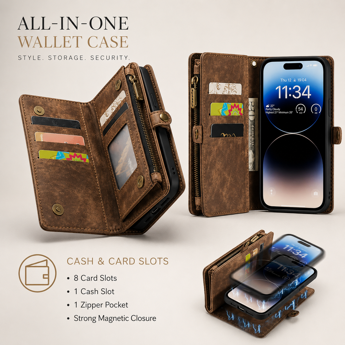 Premium iPhone Case Magnetic Wallet Cover Removable Leather Zipper Card Holder Lanyard Strap Shockproof Full Coverage Anti Scratch Protective Design