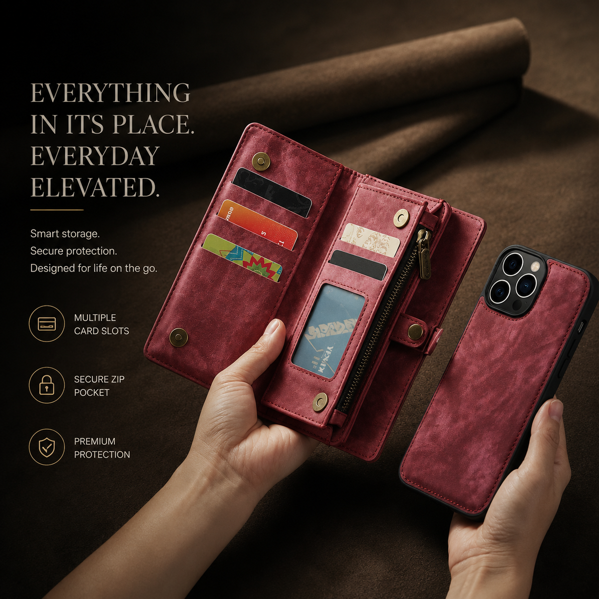 Premium iPhone Case Magnetic Wallet Cover Removable Leather Zipper Card Holder Lanyard Strap Shockproof Full Coverage Anti Scratch Protective Design