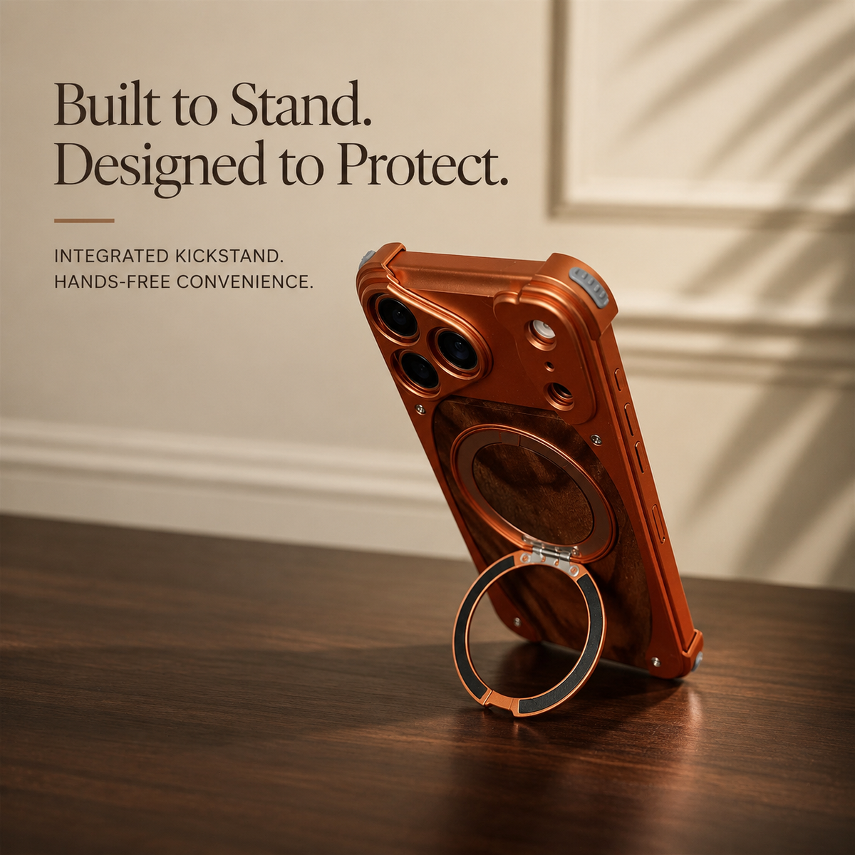 Premium iPhone Case Magnetic Walnut Wood Aluminum Cover Shockproof Built In Stand Camera Protection Slim Durable Full Coverage Design