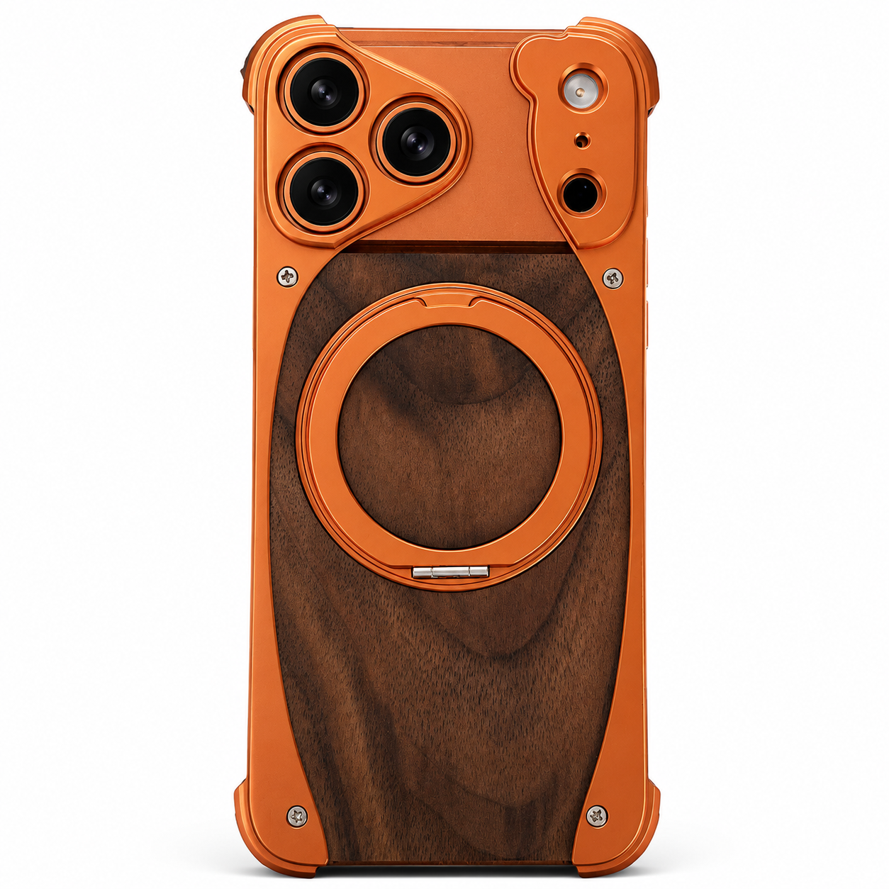 Premium iPhone Case Magnetic Walnut Wood Aluminum Cover Shockproof Built In Stand Camera Protection Slim Durable Full Coverage Design