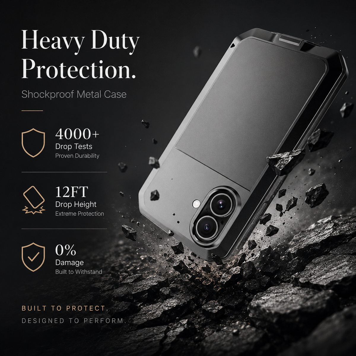 Premium iPhone Case Metal Shockproof Protective Cover Built In Glass Screen Protector Dual Layer PC TPU Rugged Heavy Duty Anti Slip Full Coverage