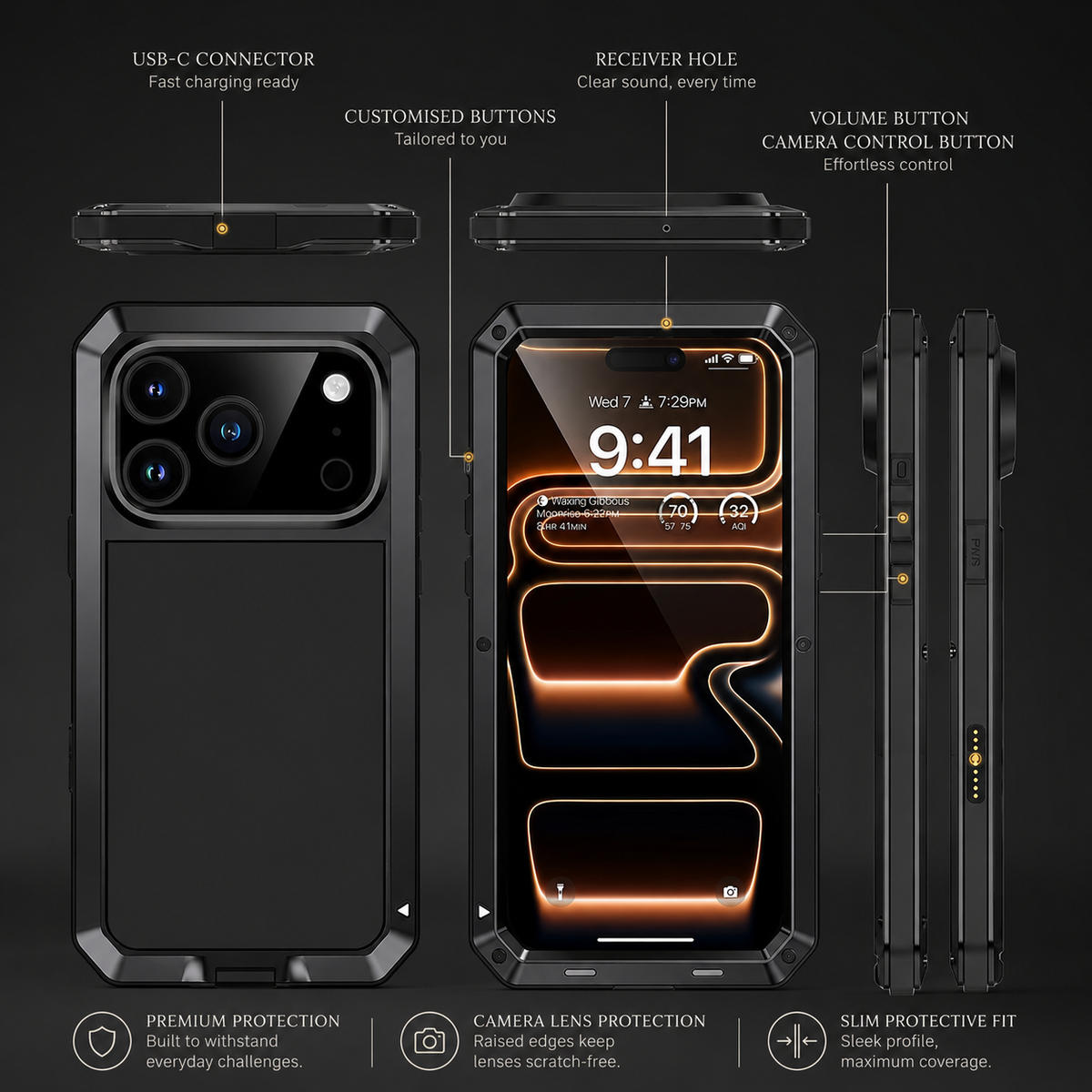 Premium iPhone Case Metal Shockproof Protective Cover Built In Glass Screen Protector Dual Layer PC TPU Rugged Heavy Duty Anti Slip Full Coverage